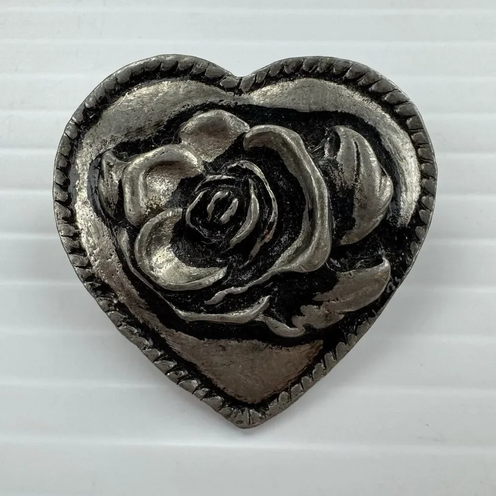 Vintage Heart Rose Brooch Silver Tone Cottagecore Indie Goth Boho Statement Pin